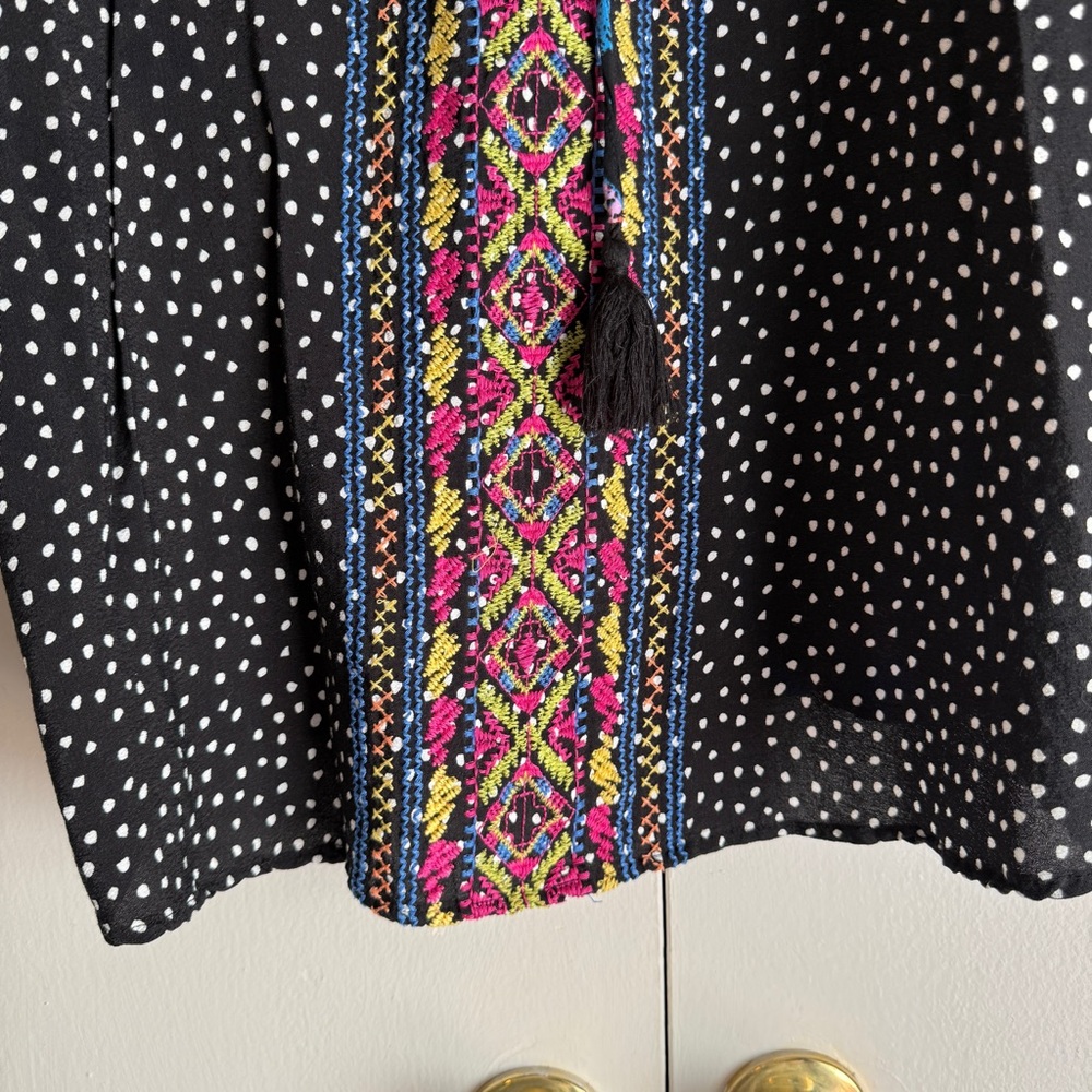 Embroidered Floral Black Polka-Dot Tie-Front Tunic - Picture 5 of 10